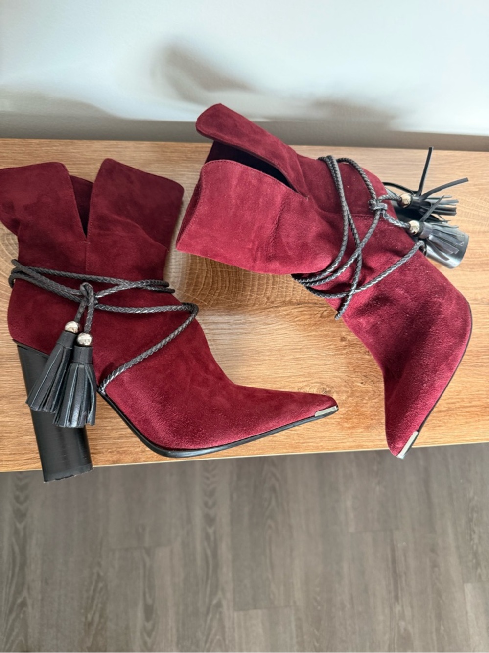✨Barbara Bui✨New women’s Burgundy Suede Tassel Wrap Ankle Boots